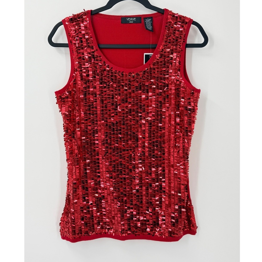 NWT Verve Ami Sequin Tank Top Womens sz L Glam Sparkle Holiday Red Christmas